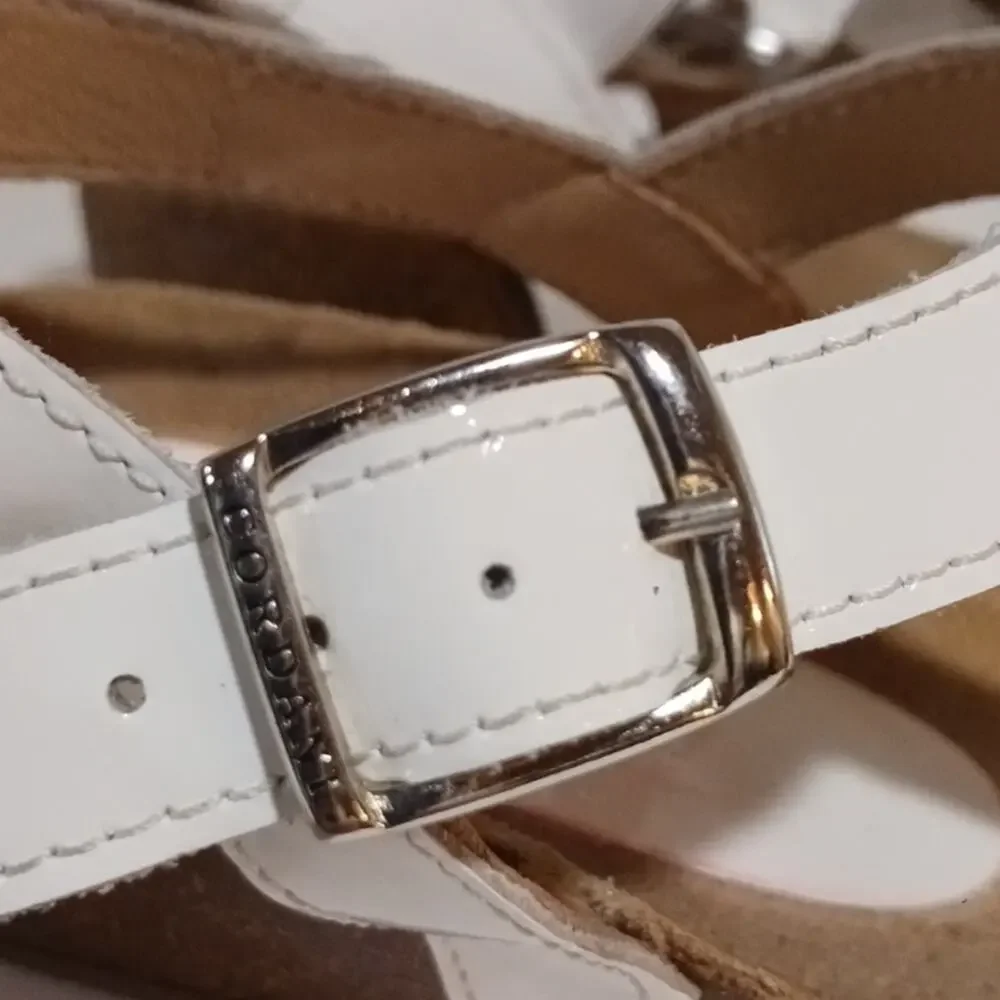 Cordani Gene White Patent Cork Wedge thong sandals sz 39/8